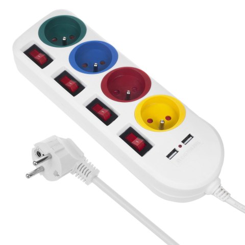 Listwa zasilająca Maclean, przedłużacz 4 gniazda + 2xUSB, z włącznikami, 250VAC/10A, 2.1A 5V, 1.5m, biała, MCE229 W Listwa zasilająca Maclean, przedłużacz 4 gniazda + 2xUSB, z włącznikami, 250VAC/10A, 2.1A 5V, 1.5m, biała, MCE229 W