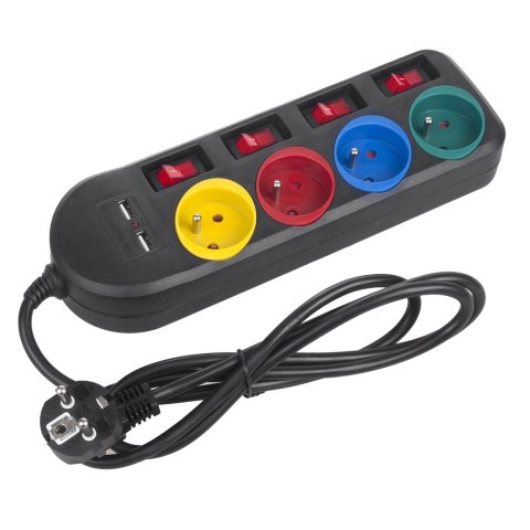 Listwa zasilająca Maclean, przedłużacz 4 gniazda + 2xUSB, z włącznikami, 250VAC/10A, 2.1A 5V, 1.5m, czarna, MCE229 B Listwa zasilająca Maclean, przedłużacz 4 gniazda + 2xUSB, z włącznikami, 250VAC/10A, 2.1A 5V, 1.5m, czarna, MCE229 B