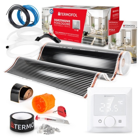 20m2 - Zestaw folii o szerokości 50 cm mocy 140W/m2 z akcesoriami z termoregulatorem TF-H5 White 20m2 - Zestaw folii o szerokości 50 cm mocy 140W/m2 z akcesoriami z termoregulatorem TF-H5 White
