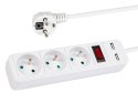 98-781# Przedłużacz sieciowy pr-370wsp/usb 3-gniazda+usb z uziemieniem+wyłącznik 3m biały 3x1,5mm