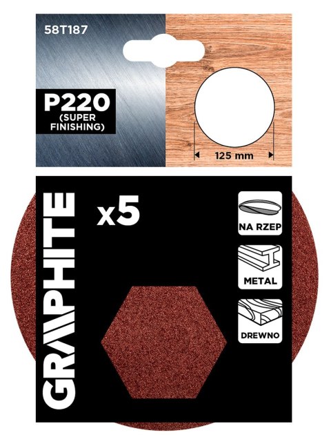 Krążki ścierne na rzep 125 mm, P220, 5 szt., bez otworów Krążki ścierne na rzep 125 mm, P220, 5 szt., bez otworów