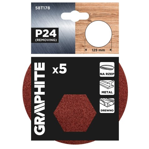 Krążki ścierne na rzep 125 mm, P24, 5 szt., bez otworów Krążki ścierne na rzep 125 mm, P24, 5 szt., bez otworów