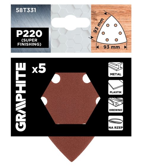 Papiery ścierne delta na rzep 93 x 93 mm, P220, 5 szt., z 6 otworami Papiery ścierne delta na rzep 93 x 93 mm, P220, 5 szt., z 6 otworami