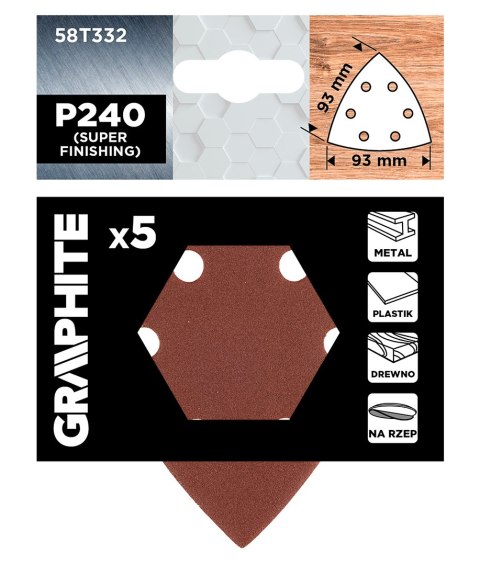 Papiery ścierne delta na rzep 93 x 93 mm, P240, 5 szt., z 6 otworami Papiery ścierne delta na rzep 93 x 93 mm, P240, 5 szt., z 6 otworami