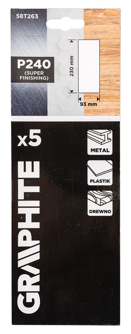 Papiery ścierne 93 x 230 mm, P240, 5 szt., bez otworów Papiery ścierne 93 x 230 mm, P240, 5 szt., bez otworów