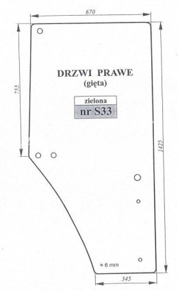 Szyba drzwi prawa gięta zielona John Deere