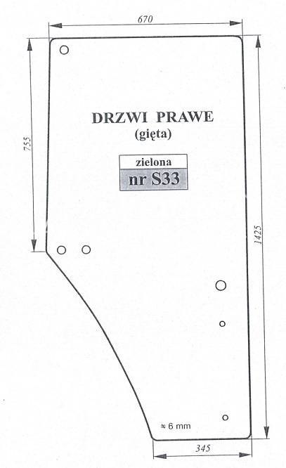 Szyba drzwi prawa gięta zielona John Deere Szyba drzwi prawa gięta zielona John Deere