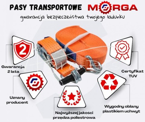 Pas transportowy 5T 12m szer. 50mm komplet z klamrą z gumową okładziną 230mm z atestem, standard MORGA Pas transportowy 5T 12m szer. 50mm komplet z klamrą z gumową okładziną 230mm z atestem, standard MORGA
