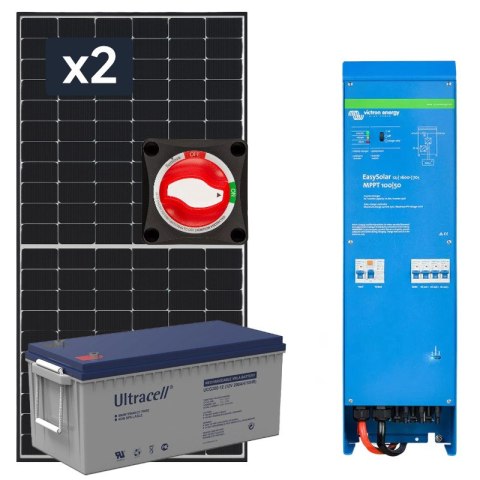 Elektrownia słoneczna 910Wp Hybrydowa z akumulatorem 200AH i przetwornicą 1300W Elektrownia słoneczna 910Wp Hybrydowa z akumulatorem 200AH i przetwornicą 1300W
